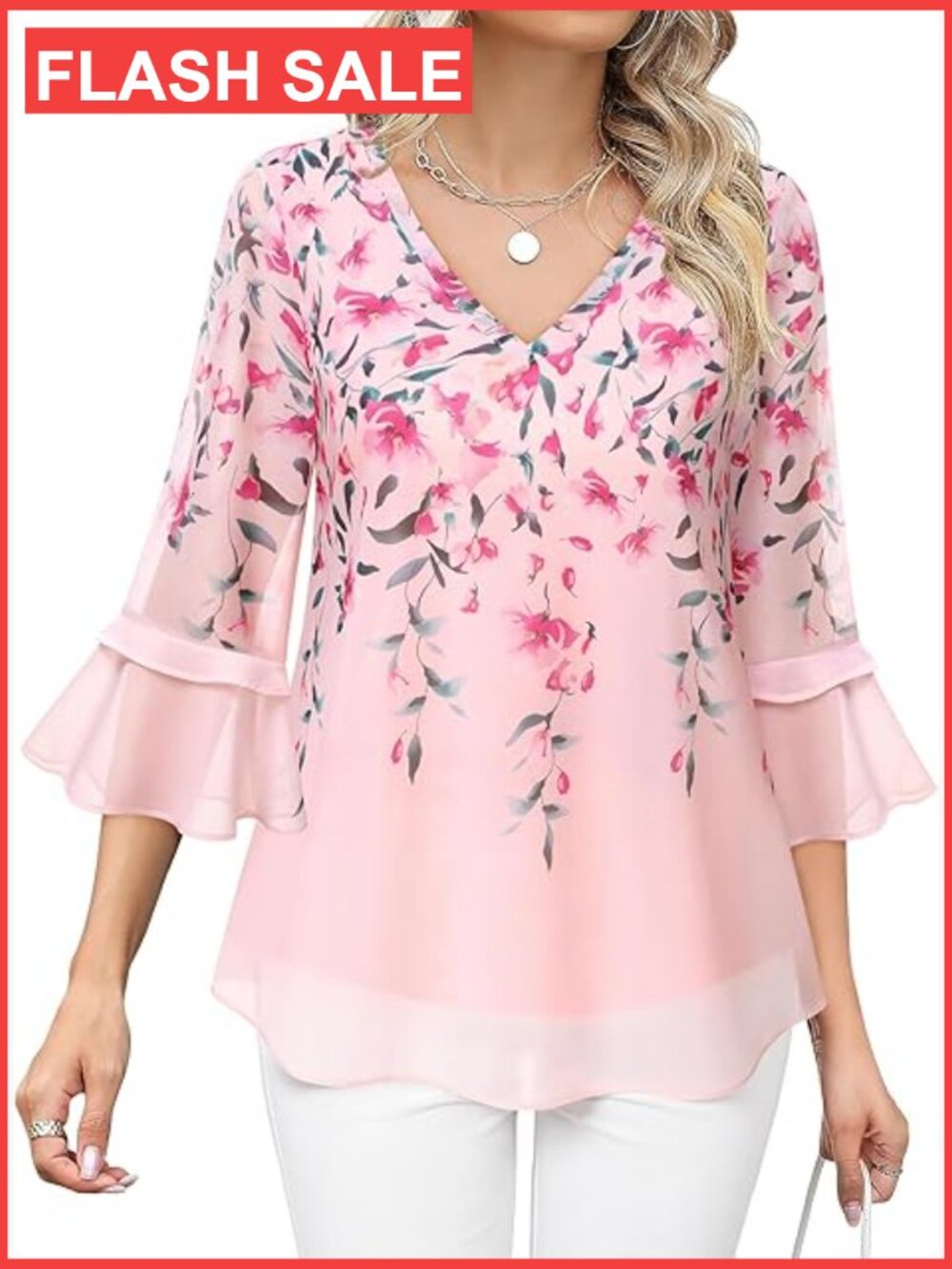 Women's Floral Chiffon Tunic Top 3/4 Ruffle Sleeve V-Neck Blouse